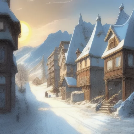 3162304530-the sun rises over the street of small snowy village, mountains in the distance,  drawing, comic icy, art by Anton Pieck, in the.webp